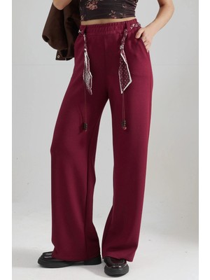 Hiccup Kadın Modal Dokulu Kemer Detaylı Yüksek Bel Düz Paça Örme Pantolon Berşan Collection Bordo Kırmızı