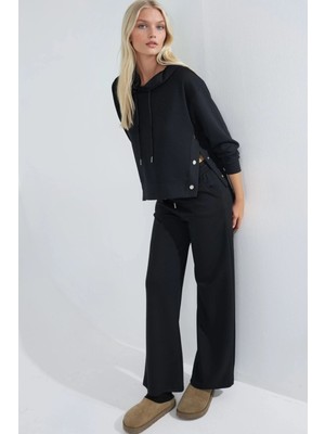 Hiccup Kadın Modal Touch Kapüşonlu Yüksek Bel Geniş Paça Iki Parça Set Bersan Collection Siyah