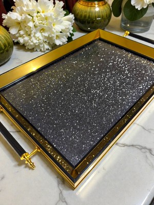 Design Premium Lake Çerçeve Iç Parlak Taş Detaylı Büyük Boy Cam Modern Çay Kahve Tepsi