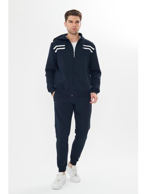 Trendhill Erkek Içi Polarlı Kapüşonlu Kışlık Eşofman Takımı Lacivert 9520-L