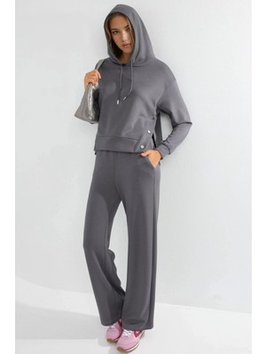Hiccup Kadın Modal Touch Kapüşonlu Yüksek Bel Geniş Paça Iki Parça Set Bersan Collection Gri