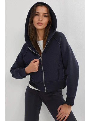 Hiccup Kadınlar Rahat Kesim Kapüşonlu Fermuarlı Hoodie Lacivert