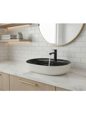 Emfa Aksesuar Siyah Mermer Desenli Tezgah Üstü Çanak Lavabo 60X42,5X15 - Üstten Delikli Lavabo Taşı 60X42,5X15 cm
