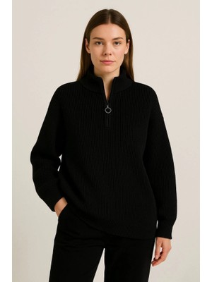 End Black Store KADIN Yarım Fermuarlı Triko Kazak – Selanik Örgü, Dik Yaka, Pamuklu Dokuma, Oversize Uzun Kollu Kışlık Model - Siyah