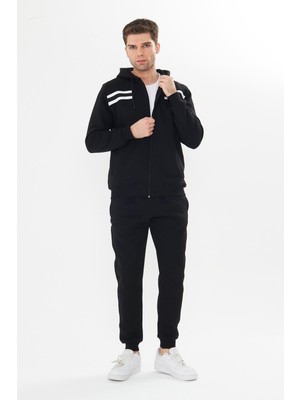 Trendhill Erkek Içi Polarlı Kapüşonlu Kışlık Eşofman Takımı Siyah 9520-S