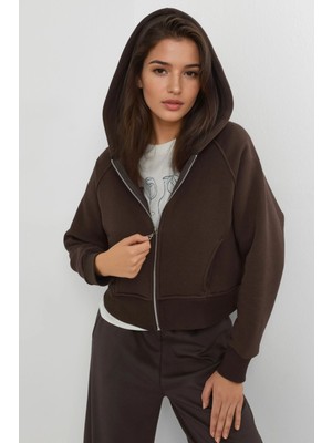 Hiccup Kadınlar Rahat Kesim Kapüşonlu Fermuarlı Hoodie Kahve Kahvesi