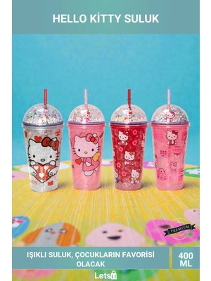 Letsii Hello Kitty Işıklı Boncuklu Pipetli Suluk 400ML Eğlenceli Çocuk Bardak