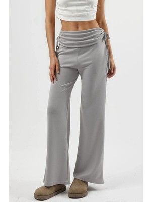 Hiccup Kadın Modal Dokulu Yüksek Bel Geniş Paçalı Büzgü Detaylı Pantolon Berşan Collection Gri