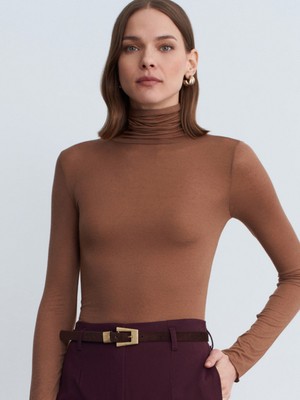 Dilvin 32277 Balıkçı Yaka Kaşmir Bluz-Koyu Vizon