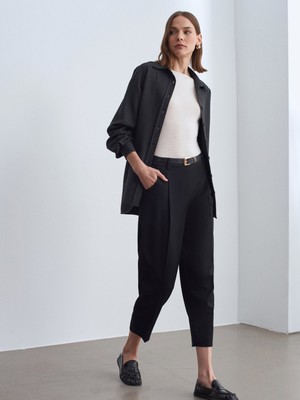 Dilvin 72245 Kemerli Pileli Kumaş Pantolon-Siyah