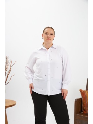 Rmg Büyük Beden Taş Detay Gömlek Beyaz