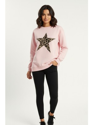 Kadın Leopar Desenli Yıldız Baskılı Bisiklet Yaka Oversize Sweatshirt
