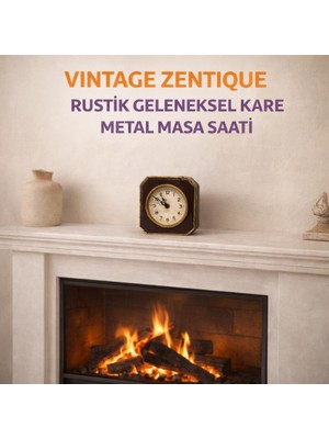 Zentique Vintage Zentıque Rustik Geleneksel Kare Metal Masa Saati