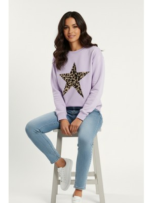Kadın Leopar Desenli Yıldız Baskılı Bisiklet Yaka Oversize Sweatshirt