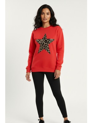 Kadın Leopar Desenli Yıldız Baskılı Bisiklet Yaka Oversize Sweatshirt
