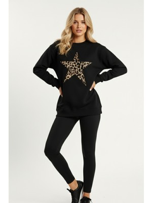 Uncia Outdoors Kadın Siyah Leopar Desenli Oversize Sweatshirt Ek Özellikler ile Günlük Kullanım İçin Rahat