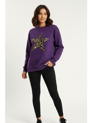 Kadın Leopar Desenli Yıldız Baskılı Bisiklet Yaka Oversize Sweatshirt