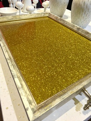 Design Beyaz ve Altın Modern Parlak Gold Taş Efekt Iç Detaylı Büyük Boy Cam Modern Çay Kahve Tepsi