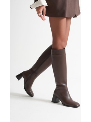 Roof Atelier Arden Acı Kahve Kalın Topuklu Fermuarlı Kışlık Kadın Çizme