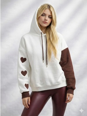 Ribana Classic Kadın Kapüşonlu Üç Iplik Şardonlu Çift Renk Kol Detaylı Kalp Baskılı Yumuşak Dokulu Içi Pamuklu Uzun Kollu Sweatshirt