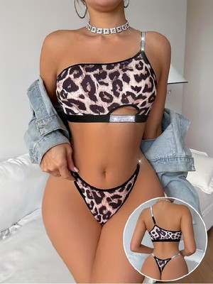 leopar desenli şık 2li lingerie takımı tek omuz detaylı bralet-mikro tanga