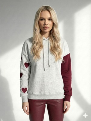 Ribana Classic Kadın Kapüşonlu Üç Iplik Şardonlu Çift Renk Kol Detaylı Kalp Baskılı Yumuşak Dokulu Içi Pamuklu Uzun Kollu Sweatshirt