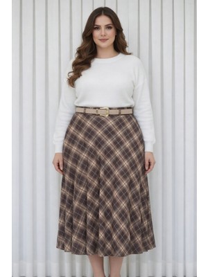 Enga Vera Kadın Büyük Beden Ekose Desenli Uzun Yüksek Bel Yandan Fermuar Kışlık Etek (Astarlı Dökümlü Model)