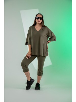 Roxxlen Büyük Beden V Yaka 2'li Takım Haki