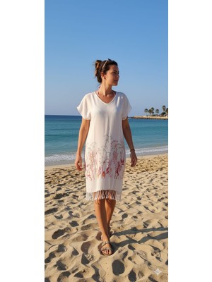 Nevin Acar Kırmızı Hindiba Bambu Peştemal  Plaj Elbise