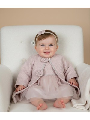 1-5 Yas Kız Çocuk Saç Bantlı Mantolu Gelinlik Bayramlık Abiye Elbise 3'lü Takım Pudra 2060