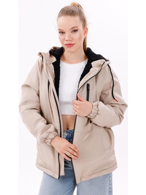 Freemen Kadın Su ve Rüzgar Geçirmez Kapüşonlu Kışlık Mont Kürklü Rahat Kesim Günlük Stil