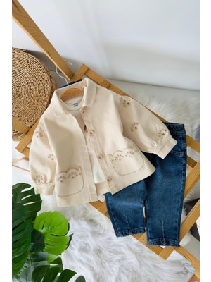 Miniğimin Cicileri Prenses Baskılı Lazer Kesim Ceketli 3 Lü  Kız Bebek Takım - Bej