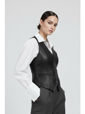 Deriderim Carla Siyah Hakiki Deri Kadın Yelek