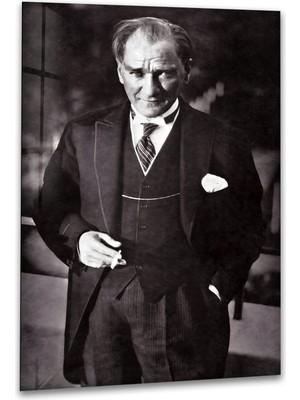 Myphotostation Siyah Beyaz Atatürk Dekoratif Temperli Cam Tablo, Modern Uv Baskılı Duvar Tablosu, Salon ve Ofis Için Şık Duvar Dekoru
