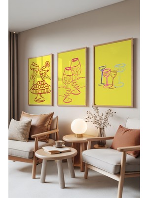 Zestia Ahşap Çerçeveli 3’lü Tablo Seti, Kokteyl Çizimleri – Sarı Arka Plan, Mutfak Set No: 30115