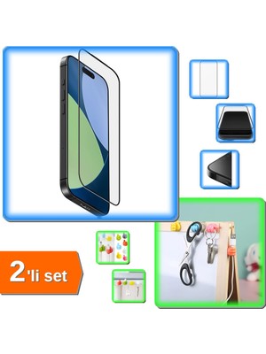 Hereveoyuncak iPhone 16 Ekran Koruyucu Kırılmaz Cam Çıtalı + 10 Adet Yapışkanlı Kablo Düzenleyici - 2li Set L5Q1J1
