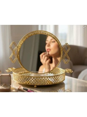 Roy King Roykıng Yuvarlak Kulplu Altın Aynalı Tepsi 25X25X5,5 cm