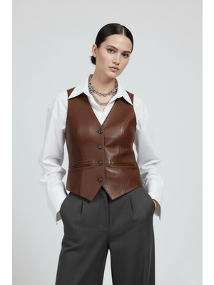 Deriderim Carla Kahverengi Hakiki Deri Kadın Yelek