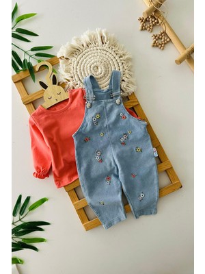Miniğimin Cicileri Minik Çiçek Işleme Detaylı Kız Bebek Salopetli 2 Li Takım - Nar Çiçeği