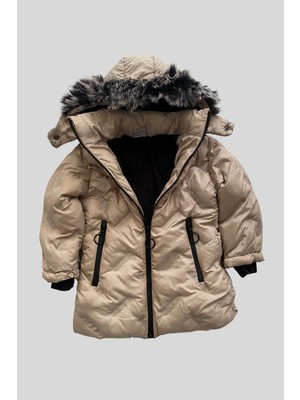 Turuncu Gardrop Kürk Kapüşonlu Uzun Kız Çocuk Mont Bej