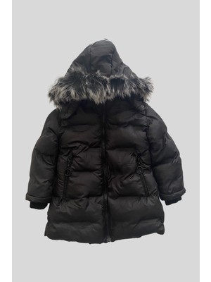 Turuncu Gardrop Kürk Kapüşonlu Uzun Kız Çocuk Siyah Mont