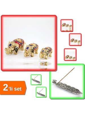 Hereveoyuncak Swrvsk Taşlı 3 Boy Fil Figürü Model 3 + Metal Kayık Fil Tasarımı Tütsülük Model 1 - 2li Set S0Q3E