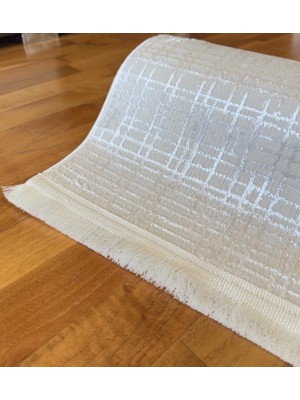 Denf Home Krem Açık Gri Saten Bambu Ince Sık Dokuma Parlak Yüzey Kaymaz Özel Kesme Salon Koridor Halı Yolluk