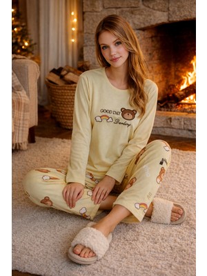 Remsa Kadın Desenli Kadife Kumaş Pijama Takımı 13313-2254 Sarı01