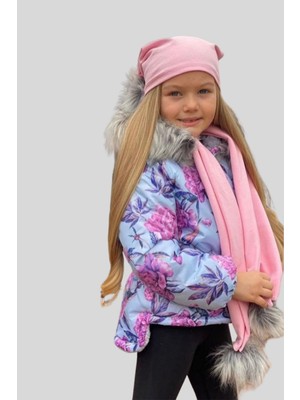 Turuncu Gardrop Çiçek Desen Kız Çocuk Mont Atkı Bere Seti
