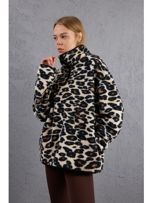 Banega Leopar Desenli Yarım Fermuarlı Cepli Içi Polarlı Peluş Oversize Sweatshirt