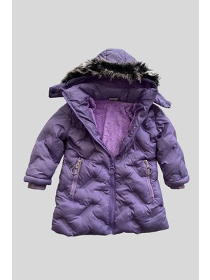 Turuncu Gardrop Kürk Kapüşonlu Uzun Kız Çocuk Mont Lila