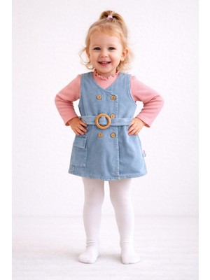 Dinamik çocuk Kız Bebek/çocuk Kruvaze Ahşap Düğme Detaylı Kemerli Kot Jile Elbise+Uzun Kollu Badili 2li Takım Mevsimlik Bayramlık 6-24AYLIK