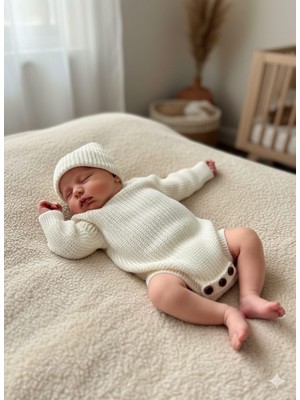 Meriç Bebe Unisex Dikişsiz Triko Badi & Şapka Seti - Alttan Düğmeli Reglan Kol Pamuksu Akrilik (3-12 Ay)
