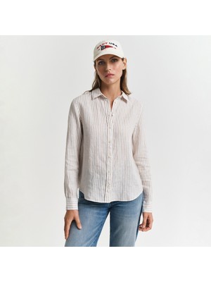 Gant Kadın Bej Regular Fit Klasik Yaka Çizgili Keten Gömlek